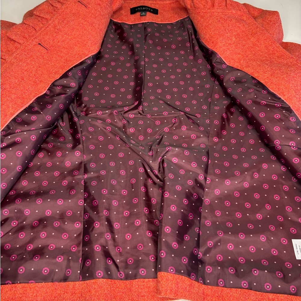 Talbots Orange Wool Blend Blazer with Gold Buttons Ruffle Trim Peplum Size 8 - Picture 11 of 12